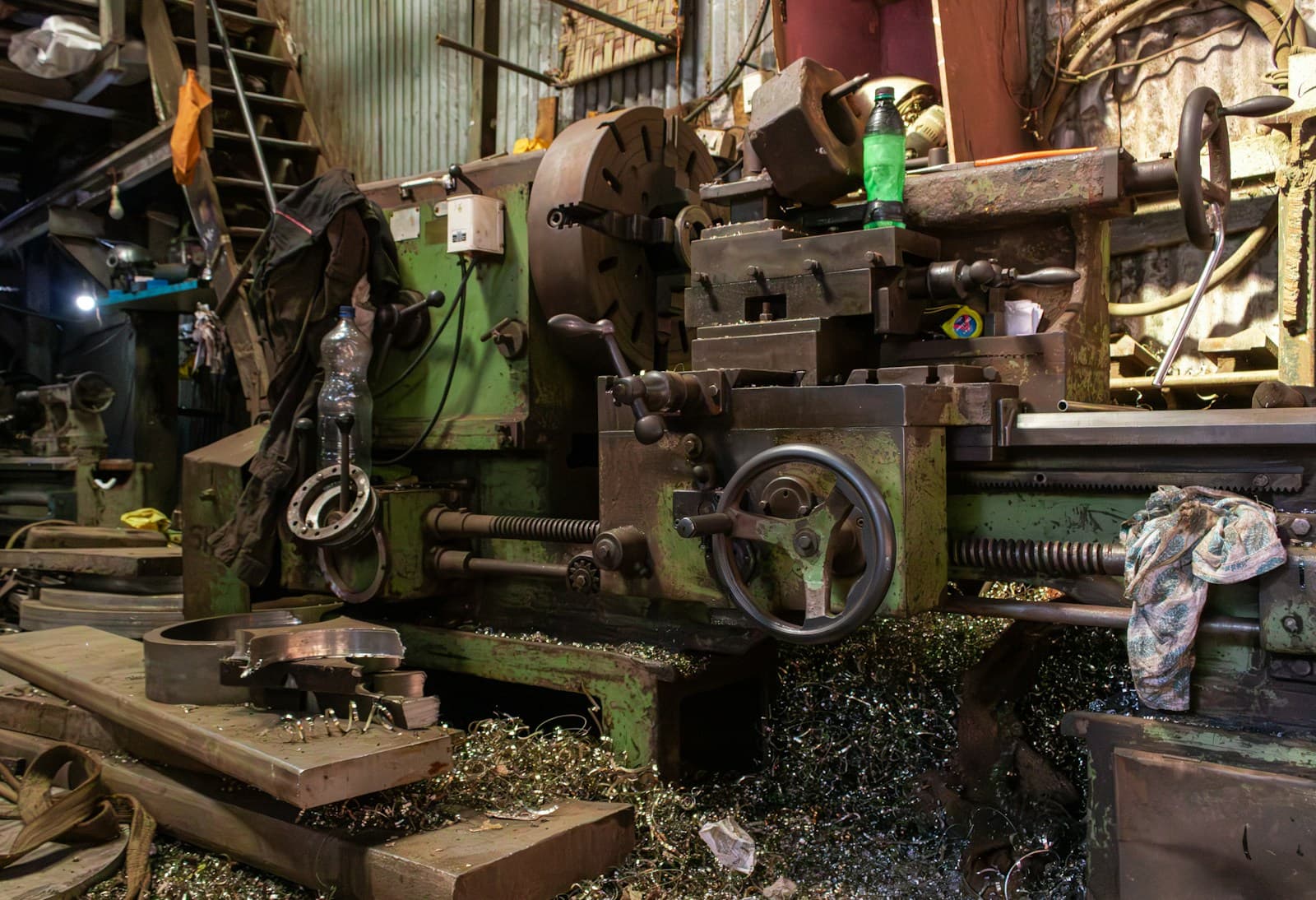 Industrial lathe machine in a workshop